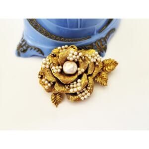 Vintage DeMario Gold Brushed Faux Pearls and Rhinestone Rose Brooch